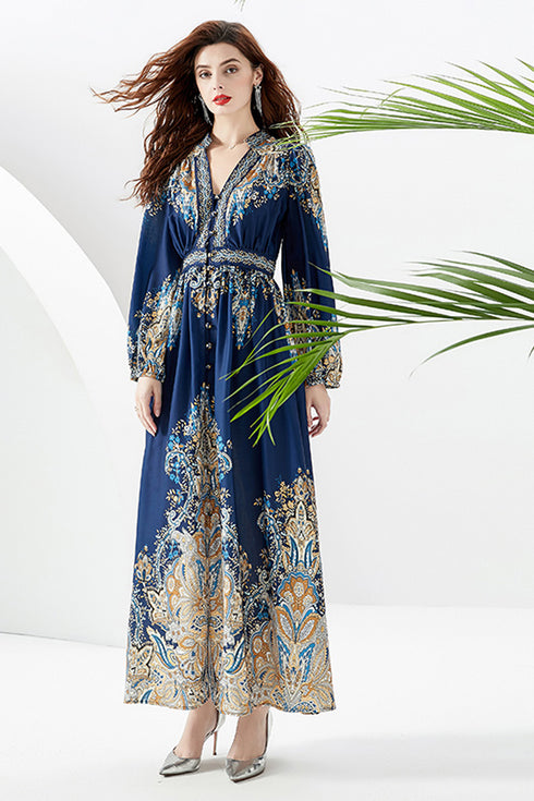 Autumn Vintage Elegant Paisley Print, V-Neck, Lantern Long Sleeve, A-line Maxi, Party, Evening Women Dress - Navy