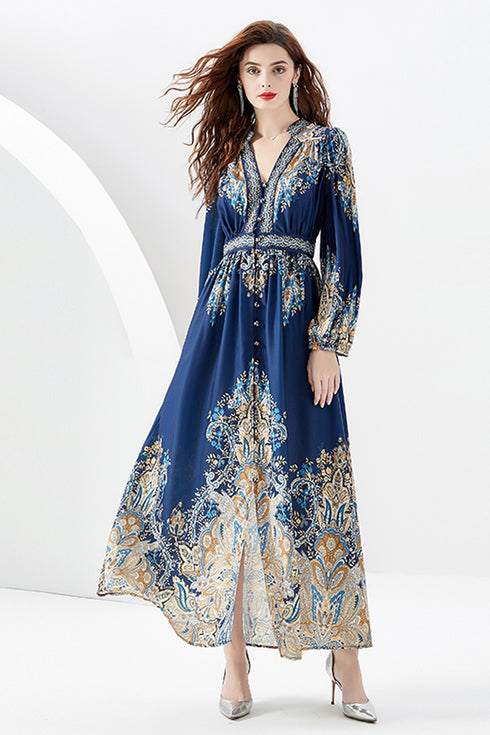 Autumn Vintage Elegant Paisley Print, V-Neck, Lantern Long Sleeve, A-line Maxi, Party, Evening Women Dress - Navy