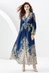 Autumn Vintage Elegant Paisley Print, V-Neck, Lantern Long Sleeve, A-line Maxi, Party, Evening Women Dress - Navy