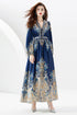 Autumn Vintage Elegant Paisley Print, V-Neck, Lantern Long Sleeve, A-line Maxi, Party, Evening Women Dress - Navy