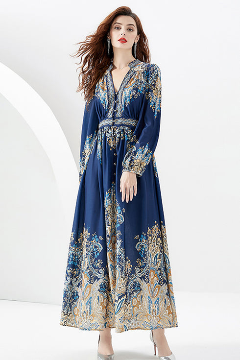 Autumn Vintage Elegant Paisley Print, V-Neck, Lantern Long Sleeve, A-line Maxi, Party, Evening Women Dress - Navy