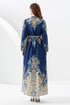 Autumn Vintage Elegant Paisley Print, V-Neck, Lantern Long Sleeve, A-line Maxi, Party, Evening Women Dress - Navy