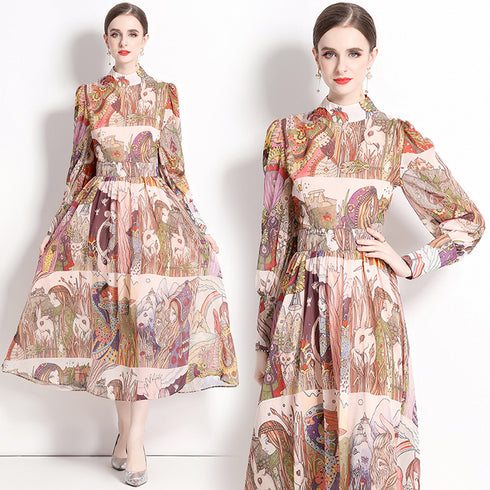 Runway Fashion Drop-Dead Gorgeous Abstract Print, Stand Collar, Long Sleeve Vintage A-Line Party, Cocktail Maxi Dress