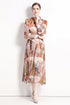 Runway Fashion Drop-Dead Gorgeous Abstract Print, Stand Collar, Long Sleeve Vintage A-Line Party, Cocktail Maxi Dress