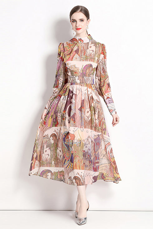 Runway Fashion Drop-Dead Gorgeous Abstract Print, Stand Collar, Long Sleeve Vintage A-Line Party, Cocktail Maxi Dress