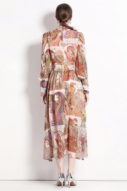 Runway Fashion Drop-Dead Gorgeous Abstract Print, Stand Collar, Long Sleeve Vintage A-Line Party, Cocktail Maxi Dress