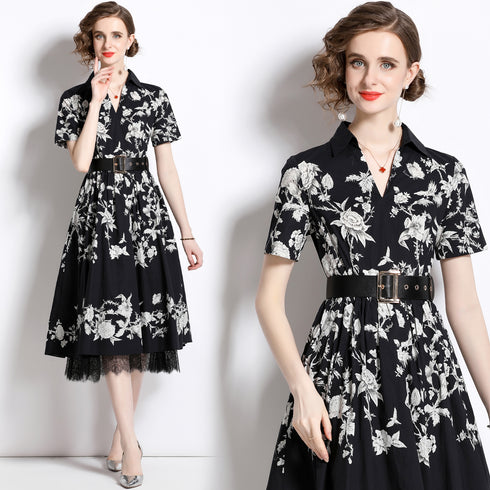 Runway Fashion Autumn Elegant Floral Dress, Collared V-Neck, Lace Trim, Belted, Cocktail, Party, Office & Eveningwear
