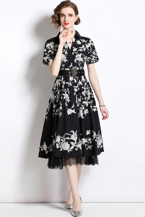 Runway Fashion Autumn Elegant Floral Dress, Collared V-Neck, Lace Trim, Belted, Cocktail, Party, Office & Eveningwear