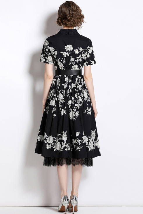 Runway Fashion Autumn Elegant Floral Dress, Collared V-Neck, Lace Trim, Belted, Cocktail, Party, Office & Eveningwear