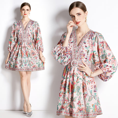 Glorious Pink Vintage Paisley Print V-Neck, Lantern Sleeve, Belted, A-Line Office, Party, Cocktail Dress