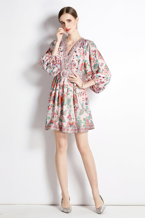 Glorious Pink Vintage Paisley Print V-Neck, Lantern Sleeve, Belted, A-Line Office, Party, Cocktail Dress