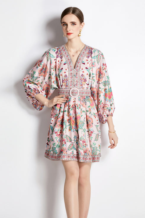 Glorious Pink Vintage Paisley Print V-Neck, Lantern Sleeve, Belted, A-Line Office, Party, Cocktail Dress