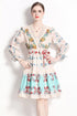 Retro Floral Clover Lace Embellished Puff Long Sleeve, V-Neck, Festive Designer Vestidos