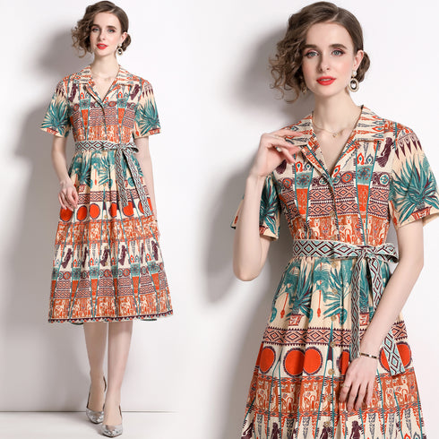 Bold & Stylish Printed Shirt V-Neck Collar Lace-Up Belt Office, Formal, Holiday, Evening, Party Women Dress