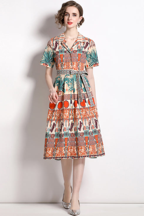 Bold & Stylish Printed Shirt V-Neck Collar Lace-Up Belt Office, Formal, Holiday, Evening, Party Women Dress