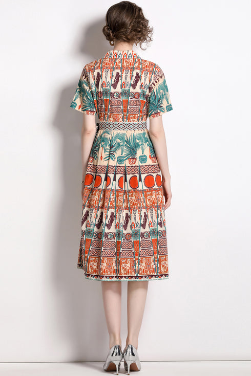 Bold & Stylish Printed Shirt V-Neck Collar Lace-Up Belt Office, Formal, Holiday, Evening, Party Women Dress