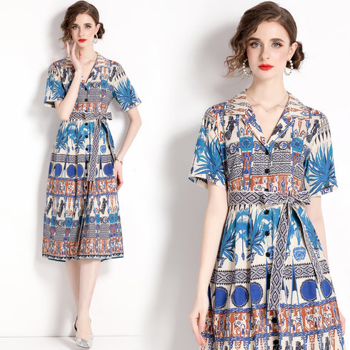 Chic & Stylish Printed Shirt V-Neck Collar Lace-Up Belt Formal, Holiday, Evening, Party Elegant Women Dress - Blue