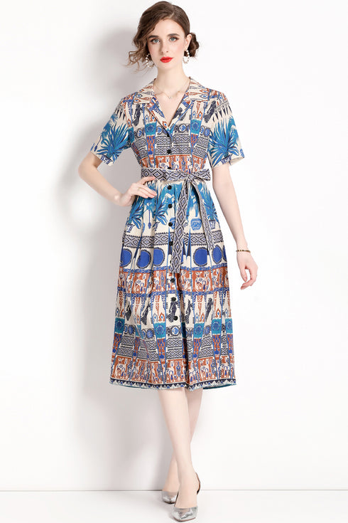 Chic & Stylish Printed Shirt V-Neck Collar Lace-Up Belt Formal, Holiday, Evening, Party Elegant Women Dress - Blue