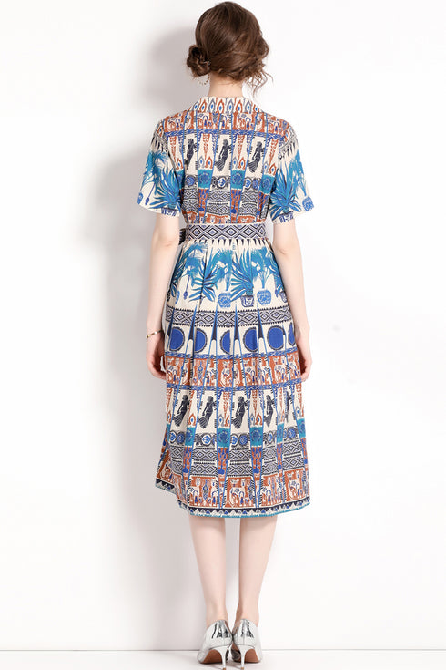 Chic & Stylish Printed Shirt V-Neck Collar Lace-Up Belt Formal, Holiday, Evening, Party Elegant Women Dress - Blue