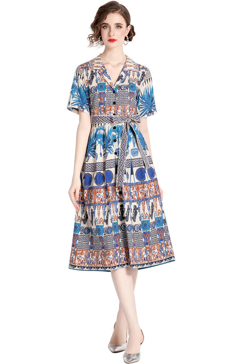 Chic & Stylish Printed Shirt V-Neck Collar Lace-Up Belt Formal, Holiday, Evening, Party Elegant Women Dress - Blue