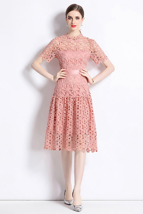 Gorgeous Pink High-End Exquisite Hollow Out Crochet Lace, O-Neck, Midi Elegant Party, Prom, Wedding Guest, Evening Women's Vestidos