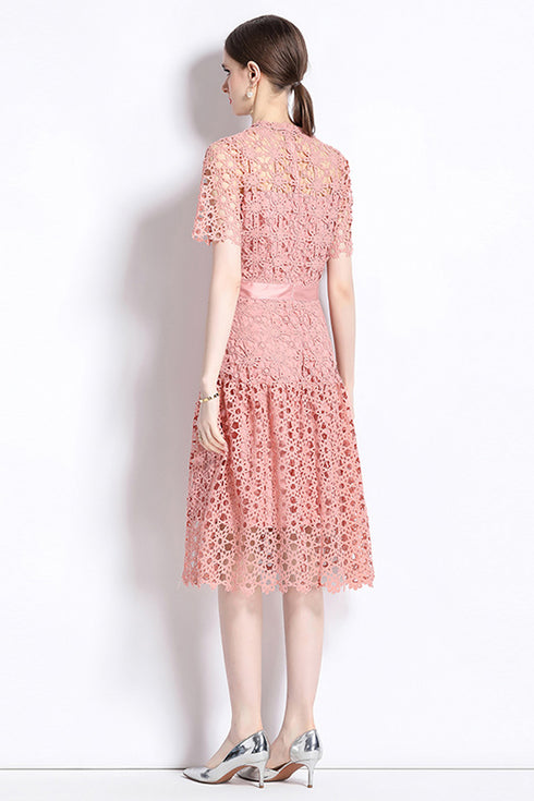 Gorgeous Pink High-End Exquisite Hollow Out Crochet Lace, O-Neck, Midi Elegant Party, Prom, Wedding Guest, Evening Women's Vestidos