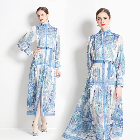 Vintage Elegant Fragmented Flower, Stand Collar, Lantern Sleeves Versatile Loose Fit Leisure Wedding Guest, Festive, Party Vestidos