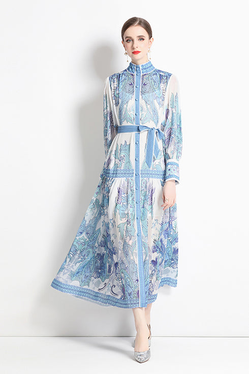 Vintage Elegant Fragmented Flower, Stand Collar, Lantern Sleeves Versatile Loose Fit Leisure Wedding Guest, Festive, Party Vestidos