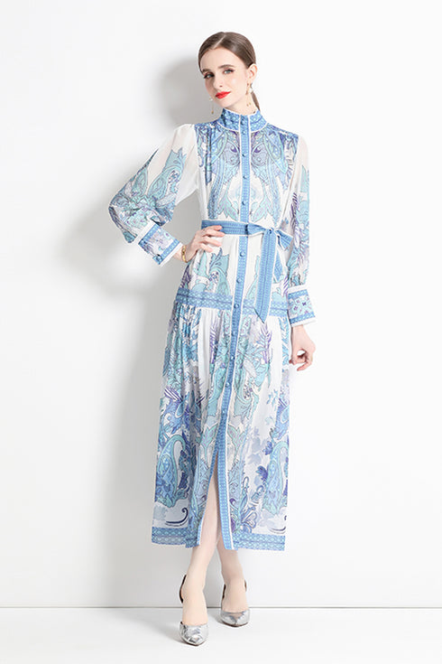 Vintage Elegant Fragmented Flower, Stand Collar, Lantern Sleeves Versatile Loose Fit Leisure Wedding Guest, Festive, Party Vestidos