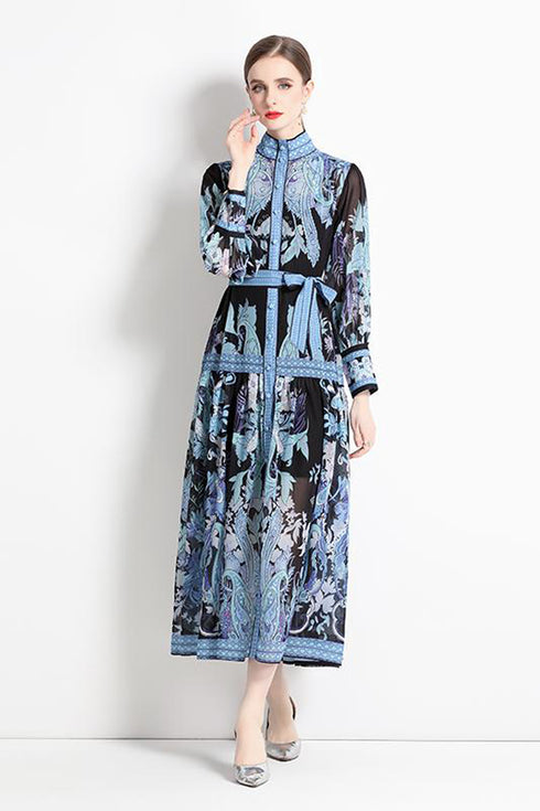 Vintage Elegant Fragmented Flower, Stand Collar, Lantern Sleeves Versatile Loose Fit Leisure Wedding Guest, Festive, Party Vestidos