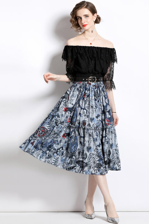 Knockout Runway Fashion Floral Print Off-Shoulder Lace top with High Rise A-Line Skirt 2-Pcs Holiday, Party Ensemble