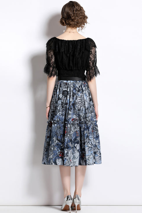 Knockout Runway Fashion Floral Print Off-Shoulder Lace top with High Rise A-Line Skirt 2-Pcs Holiday, Party Ensemble