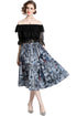 Knockout Runway Fashion Floral Print Off-Shoulder Lace top with High Rise A-Line Skirt 2-Pcs Holiday, Party Ensemble