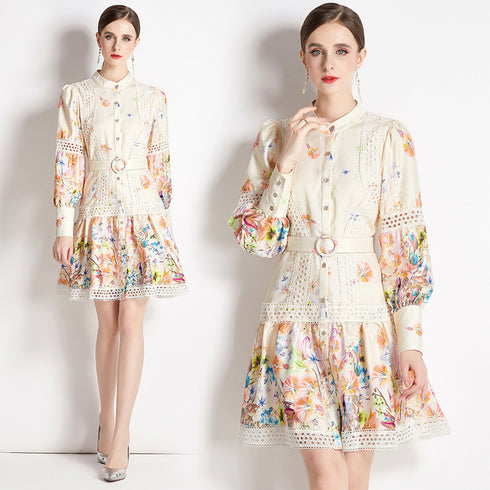 Autumn Fashion Exquisite Lace Patchwork, Stand Collar, A-Line, Long Sleeve, Belted Floral Print Office, Party, Holiday Women's Dress - Champagne