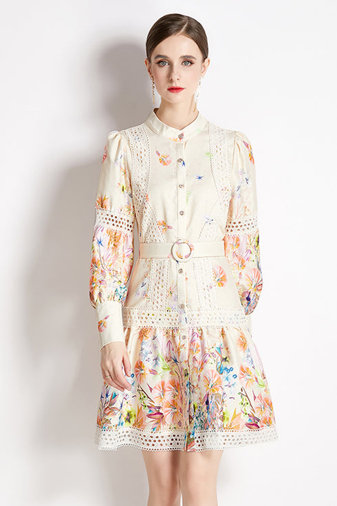 Autumn Fashion Exquisite Lace Patchwork, Stand Collar, A-Line, Long Sleeve, Belted Floral Print Office, Party, Holiday Women's Dress - Champagne