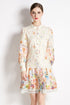 Autumn Fashion Exquisite Lace Patchwork, Stand Collar, A-Line, Long Sleeve, Belted Floral Print Office, Party, Holiday Women's Dress - Champagne