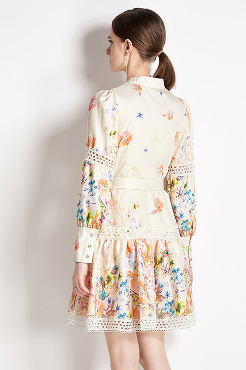 Autumn Fashion Exquisite Lace Patchwork, Stand Collar, A-Line, Long Sleeve, Belted Floral Print Office, Party, Holiday Women's Dress - Champagne