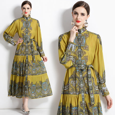 Autumn Retro Court Style Stand Collar, Lantern Sleeve, Belted, Ruffled Paisley Pattern Long Party, Festive Renaissance Dress