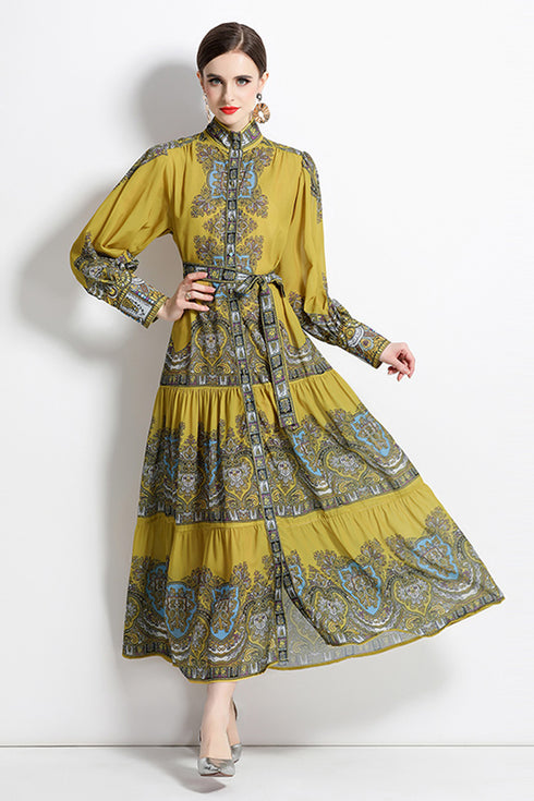 Autumn Retro Court Style Stand Collar, Lantern Sleeve, Belted, Ruffled Paisley Pattern Long Party, Festive Renaissance Dress