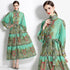 Autumn Retro Court Style, Lantern Sleeve, Belted, Ruffled Paisley Pattern Long Party, Festive Renaissance Dress - Mint