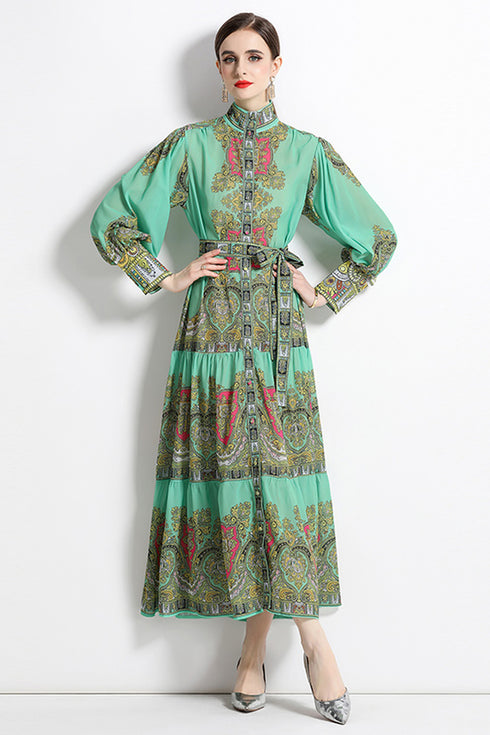 Autumn Retro Court Style, Lantern Sleeve, Belted, Ruffled Paisley Pattern Long Party, Festive Renaissance Dress - Mint