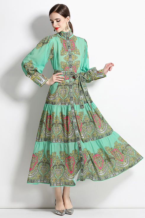 Autumn Retro Court Style, Lantern Sleeve, Belted, Ruffled Paisley Pattern Long Party, Festive Renaissance Dress - Mint