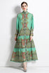 Autumn Retro Court Style, Lantern Sleeve, Belted, Ruffled Paisley Pattern Long Party, Festive Renaissance Dress - Mint