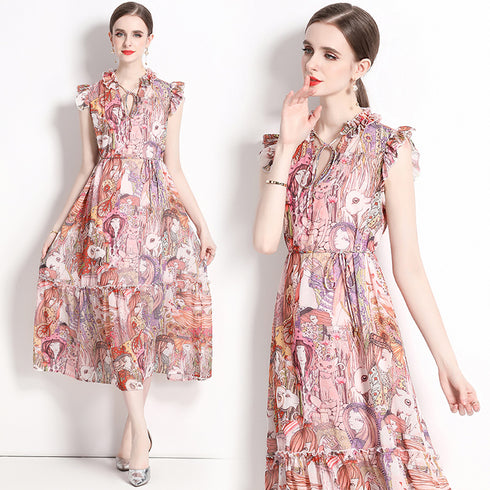 Runway Fashion Abstract Print, Ruffled Neck, Chiffon A-Line Chic & Trendy Day And Eveningwear