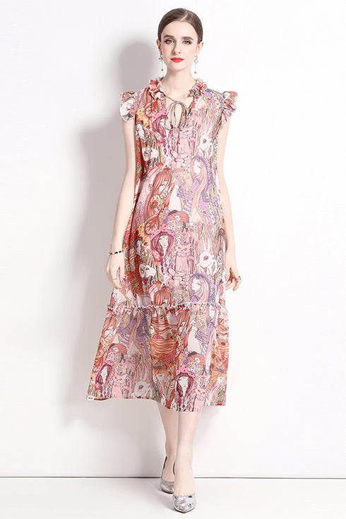 Runway Fashion Abstract Print, Ruffled Neck, Chiffon A-Line Chic & Trendy Day And Eveningwear