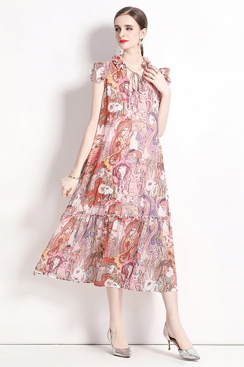 Runway Fashion Abstract Print, Ruffled Neck, Chiffon A-Line Chic & Trendy Day And Eveningwear