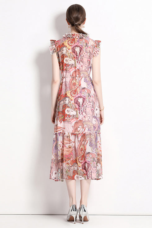 Runway Fashion Abstract Print, Ruffled Neck, Chiffon A-Line Chic & Trendy Day And Eveningwear