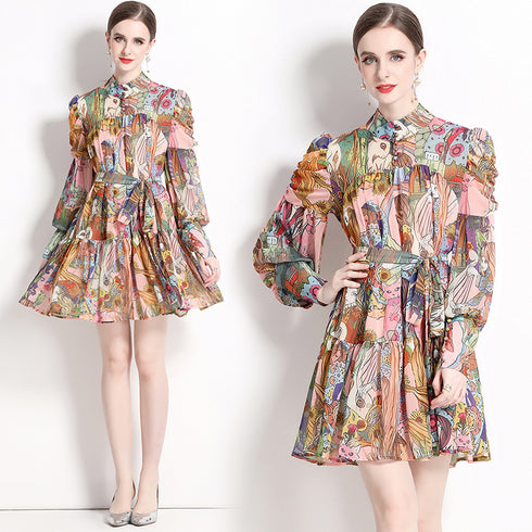 Runway Fashion Autumn Soft Satin Abstract Print, Mock Neck, Lantern Sleeve Office, Party, Holiday's Dress