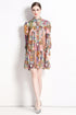Runway Fashion Autumn Soft Satin Abstract Print, Mock Neck, Lantern Sleeve Office, Party, Holiday's Dress