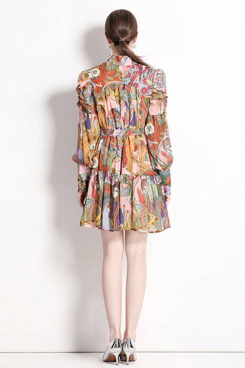 Runway Fashion Autumn Soft Satin Abstract Print, Mock Neck, Lantern Sleeve Office, Party, Holiday's Dress
